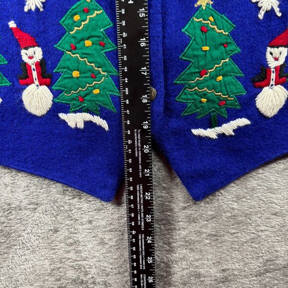 Vintage Women Christmas Vest Wool Embroidered Snowman Tree Y2K 90s Blue Med J111 - Picture 6 of 8